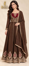 Chocolate brown and maroon embellished long Anarkali dress with dupatta on model