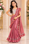 Dusty Rose Shimmer Ruffle Girls Saree with Silver Blouse