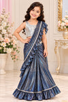 Navy Blue Shimmer Ruffle Girls Saree with Silver Blouse
