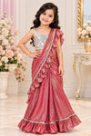 Rose Pink Shimmer Ruffle Girls Saree with Silver Blouse