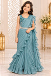 Teal Blue Pleated Ruffle Girls Saree with Belt