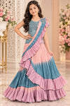 Teal and Pink Ombre Ruffle Girls Saree