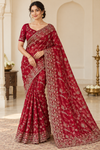 Jaal work tissue Saree — Deep Red model photo