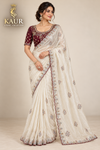 Off-white saree with maroon blouse beadwork saree with readymade blouse, size 40-44 — Kaur Ethnic Collection