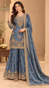 Slate Blue gold embroidered flared palazzo suit, size 42-46 — Kaur Ethnic Collection