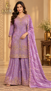 Lavender floral embellished flared palazzo suit, size 40-46 — Kaur Ethnic Collection