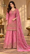Rose Pink floral embellished flared palazzo suit, size 40-46 — Kaur Ethnic Collection