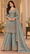 Sage Green floral embellished flared palazzo suit, size 40-46 — Kaur Ethnic Collection
