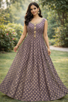 Brocade dress with center button and netting duppata.