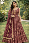 Brocade dress with center button and netting duppata.