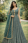 Brocade dress with center button and netting duppata.
