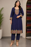 Navy Embroidered Pashmina Woolen Kurti Set - Image 1