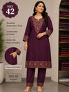 Purple Floral Embroidered Pashmina Woolen Kurti Set - Image 1