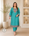 Teal Floral Embroidered Pashmina Woolen Kurti Set