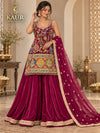 Wine coloured model view of embroidered palazzo suit