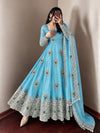 Women's sky blue flared Anarkali suit with peacock-inspired motifs, silver-toned borders and matching dupatta