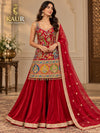 Red embroidered sleeveless palazzo suit with matching dupatta on model
