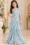 Ice Blue Silver Pattern Ruffle Girls Saree