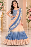 Peach and Blue Ombre Ruffle Girls Saree