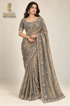 Grey-gold beadwork saree with readymade blouse, size 40-44 — Kaur Ethnic Collection