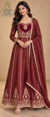 Maroon and gold long Anarkali dress on model