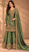 Olive Green gold embroidered flared palazzo suit, size 42-46 — Kaur Ethnic Collection