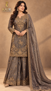 Taupe Brown gold embroidered flared palazzo suit, size 42-46 — Kaur Ethnic Collection