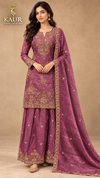 Wine gold embroidered flared palazzo suit, size 42-46 — Kaur Ethnic Collection