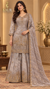 Taupe floral embellished flared palazzo suit, size 40-46 — Kaur Ethnic Collection