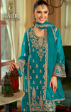Teal floral embroidered straight kameez detail