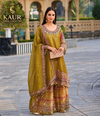 Mustard ornate border palazzo suit, size 40-42 — Kaur Ethnic Collection