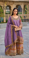Purple ornate border palazzo suit, size 40-42 — Kaur Ethnic Collection