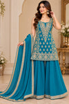 Turquoise Sleeveless Embroidered Palazzo Set