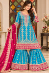 Turquoise and Pink Embroidered Palazzo Set