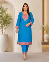 Blue Pink Embroidered Pashmina Woolen Kurti Set