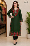 Dark Green Red Floral Embroidered Long Woolen Kurti