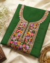 Green Floral Embroidered Pashmina Woolen Kurti Set - Image 2