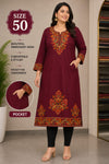 Maroon Orange Floral Embroidered Long Woolen Kurti