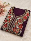 Purple Floral Embroidered Pashmina Woolen Kurti Set - Image 2