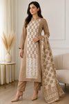 Beige Checked Woolen 3 Piece Suit with Dupatta