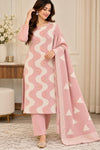 Pink and Cream Printed Woolen 3 Piece Suit with Dupatta