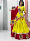 Yellow and Red Peacock Chaniya Choli Garba Dress - Model View